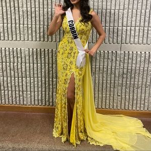 Yellow Johnathan Kayne Gown with added cape. Tailored to size 4.